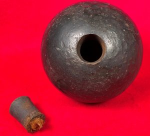 Confederate 12-Pounder Shell with Wood Fuze Plug and Packing Tow