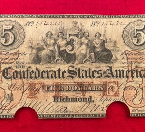 Confederate Five Dollar Note - 1861 - COC