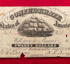 Confederate Twenty Dollar Note - Sailing Vessel - 1861