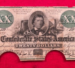 Confederate Twenty Dollar Note - 1861 - Cut-Out-Canceled