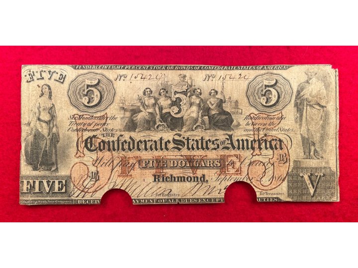 Confederate Five Dollar Note - 1861 - COC