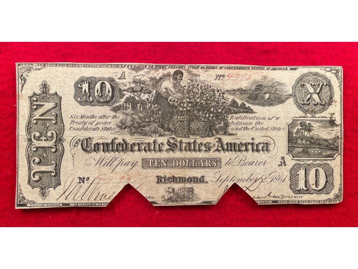 Confederate Ten Dollar Note - 1861 - COC