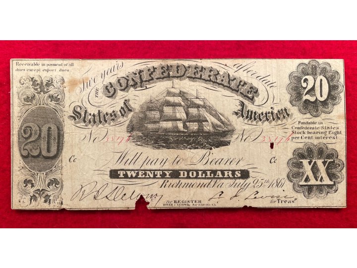 Confederate Twenty Dollar Note - Sailing Vessel - 1861