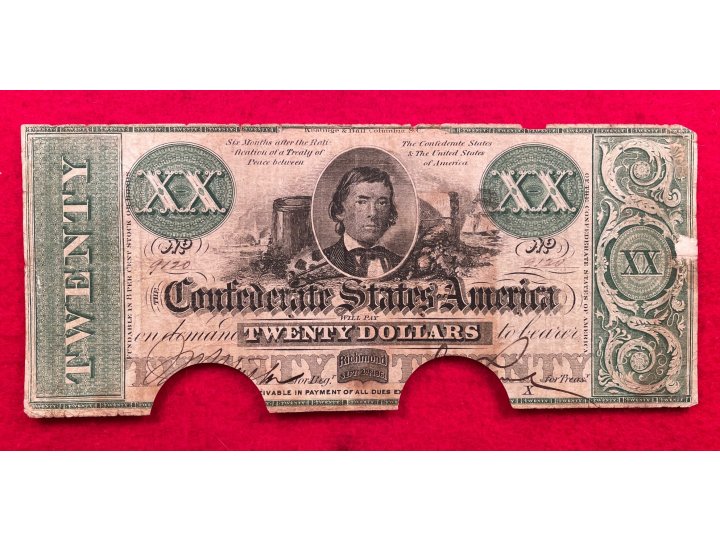 Confederate Twenty Dollar Note - 1861 - Cut-Out-Canceled